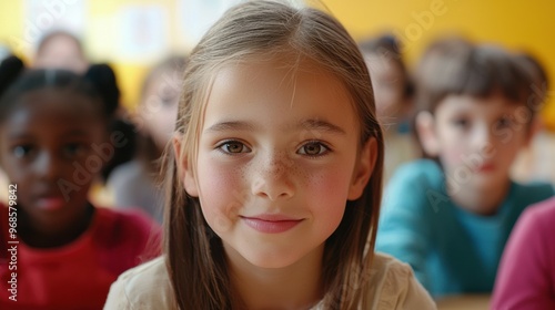 Blond Girl Smiling Among Diverse Group of Students in Classroom