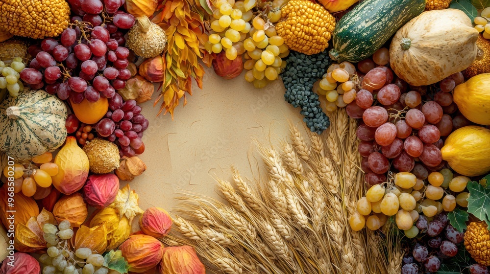 Fototapeta premium Bountiful Autumn Harvest Cornucopia with Seasonal Fruits and Vegetables
