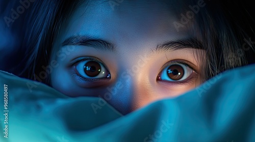 Portrait of an exhausted Asian woman wide awake at midnight, battling insomnia, with a close-up of her sleepless eyes. photo