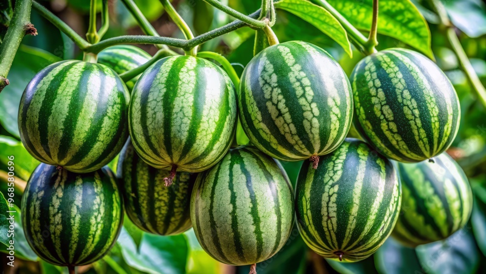 A leafy vine produces large, round fruits with vibrant green stripes and a sweet, juicy red pulp that's A leafy vine produces large, round fruits with vibrant green stripes and a sweet, juicy red pulp that's