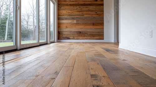 Empty Room with Rustic Wooden Floor and Large Windows