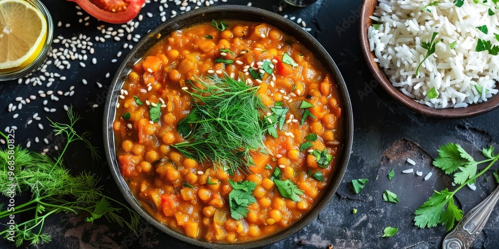 Curry of Mung Beans with Dill, Served with Brown Basmati Rice and Vegetable Raita Curry of Mung Beans with Dill, Served with Brown Basmati Rice and Vegetable Raita