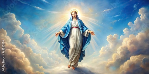 Mary Ascending to Heaven The Feast of the Assumption Wide Angle, Christianity, Divine, Glorious, Belief, Heavenly, Ascending,Mary, Faith, Feast, Celebration, Wide-Angle, Rays of Light