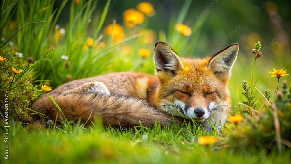 A magnificent fox reclines in the heart of a lush meadow, its tranquil slumber bathed in the warm, A magnificent fox reclines in the heart of a lush meadow, its tranquil slumber bathed in the warm,