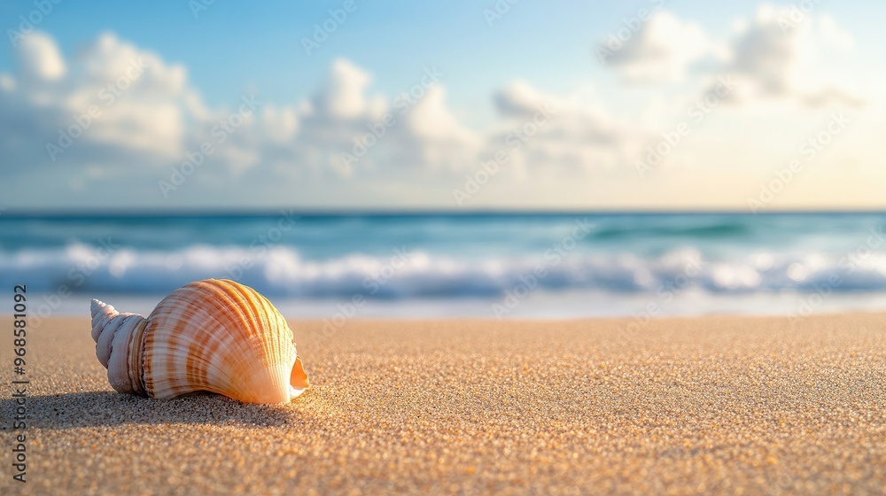 Seashell nestled in fine beach sand, with the ocean and distant horizon creating a peaceful seaside atmosphere Seashell nestled in fine beach sand, with the ocean and distant horizon creating a peaceful seaside atmosphere