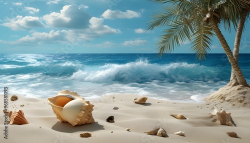 Tropical beach scene with palm trees, vibrant blue ocean, golden sand, and a child discovering the beauty of a conch shell during summer vacations photo