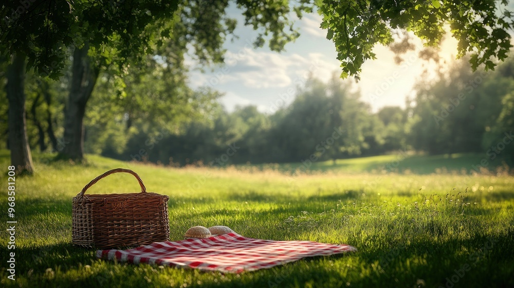 Serene meadow with an empty wicker picnic basket and a red-and-white tablecloth on the grass, perfect for a summer outing.