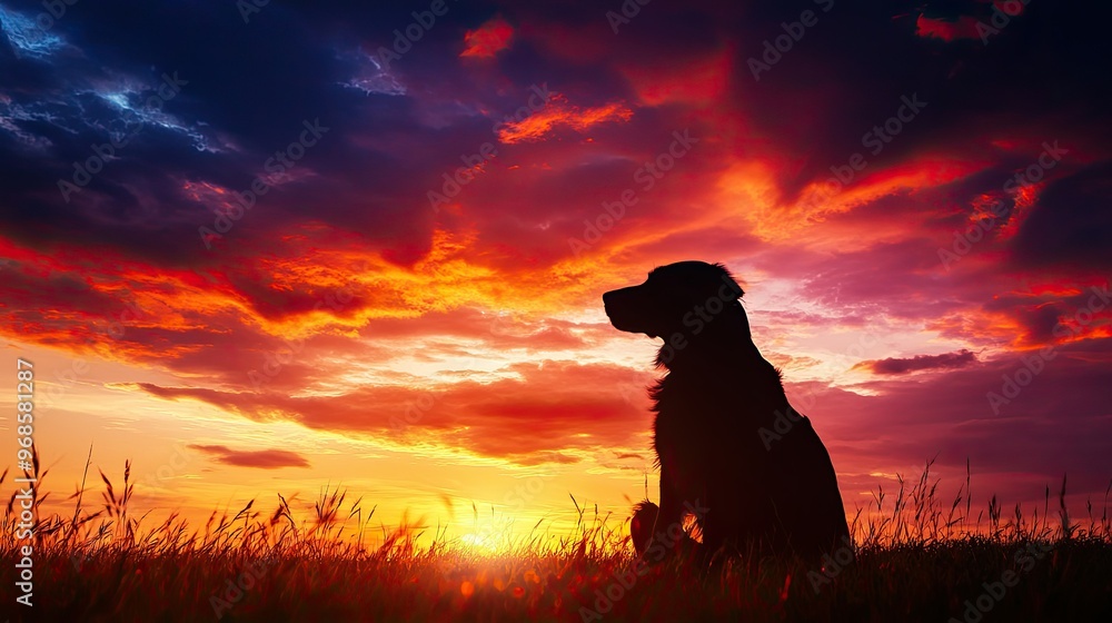 Silhouette of a dog against a vibrant, heavenly sunset, symbolizing an emotional tribute to departed pets and spiritual reunion Silhouette of a dog against a vibrant, heavenly sunset, symbolizing an emotional tribute to departed pets and spiritual reunion