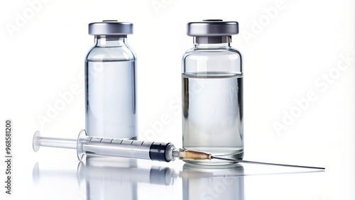 Vaccine vial bottle and syringe isolated on white background with copy space, syringe, COVID-19, flu shot, medical equipment, medium shot,vaccine, white background, pandemic