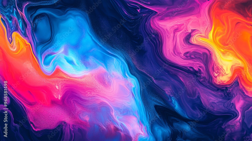 Abstract fluid art that bursts with vivid neon colors, where electric blues, pinks and purples swirl and blend seamlessly Abstract fluid art that bursts with vivid neon colors, where electric blues, pinks and purples swirl and blend seamlessly