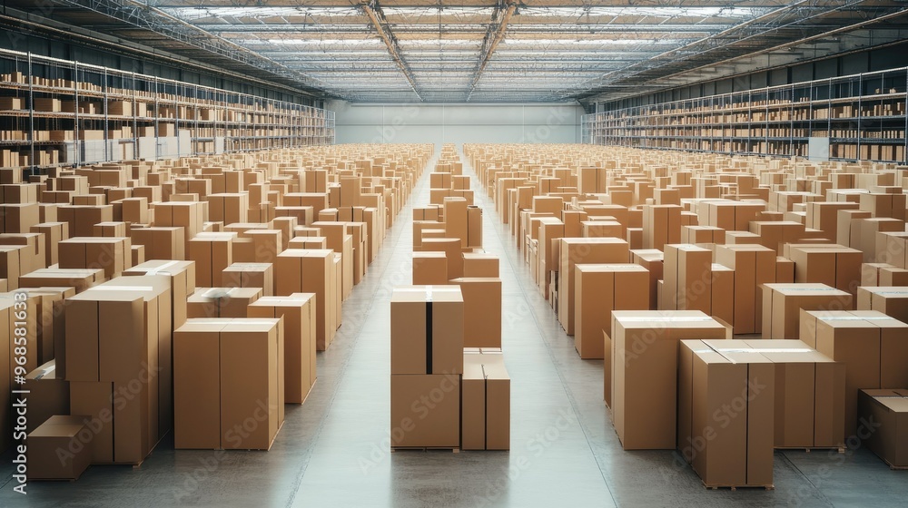 Stacked cardboard boxes lined up in a large distribution warehouse, symbolizing supply chain management and industrial efficiency Stacked cardboard boxes lined up in a large distribution warehouse, symbolizing supply chain management and industrial efficiency