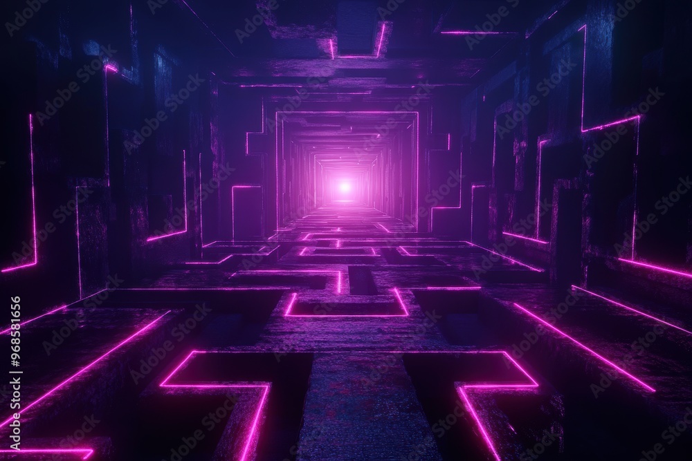 A futuristic 3D labyrinth composed of glowing neon walls, featuring challenging pathways that twist and turn toward a distant center. A futuristic 3D labyrinth composed of glowing neon walls, featuring challenging pathways that twist and turn toward a distant center.
