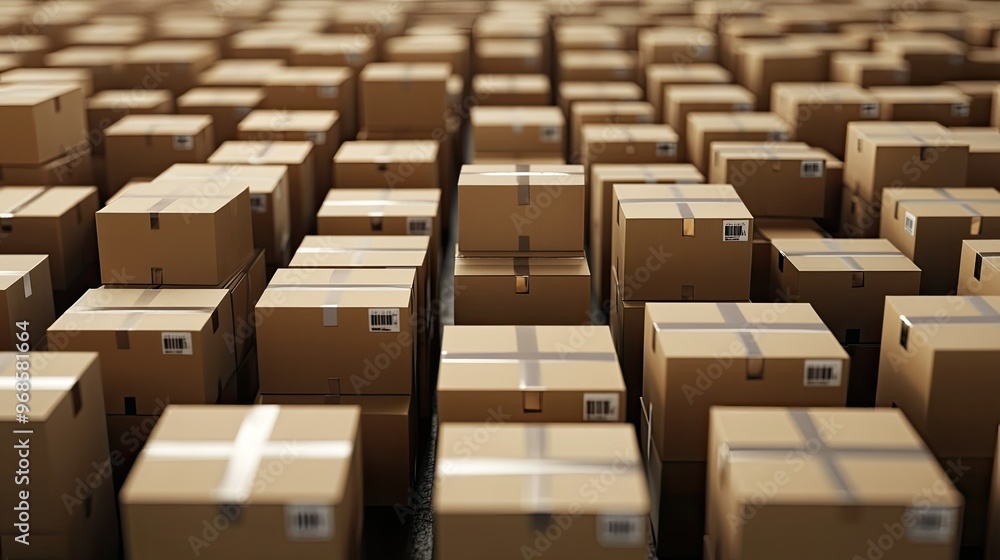 Stacks of cardboard boxes arranged neatly in a large distribution warehouse, symbolizing logistics, shipping, and order fulfillment Stacks of cardboard boxes arranged neatly in a large distribution warehouse, symbolizing logistics, shipping, and order fulfillment