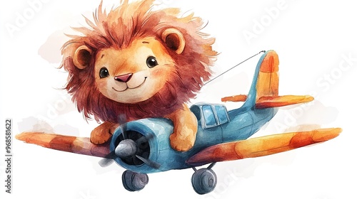 cute baby lion in a plane flying in the sky painted in watercolor on a white isolated background