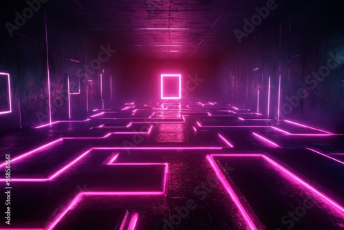 A futuristic 3D labyrinth composed of glowing neon walls, featuring challenging pathways that twist and turn toward a distant center.