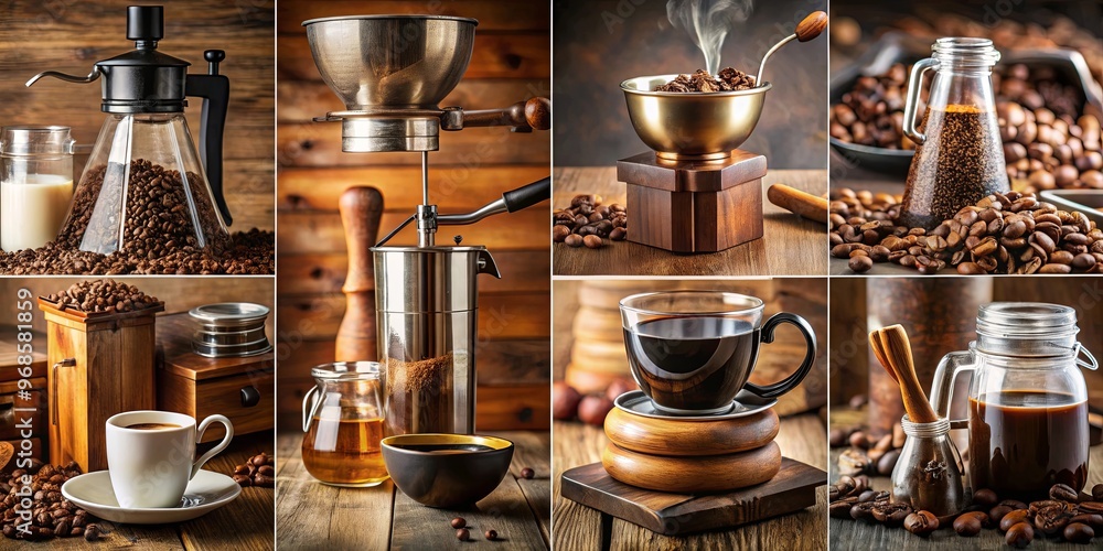 A collage poster showing the artistic process of brewing coffee with various brewing tools and techniques A collage poster showing the artistic process of brewing coffee with various brewing tools and techniques