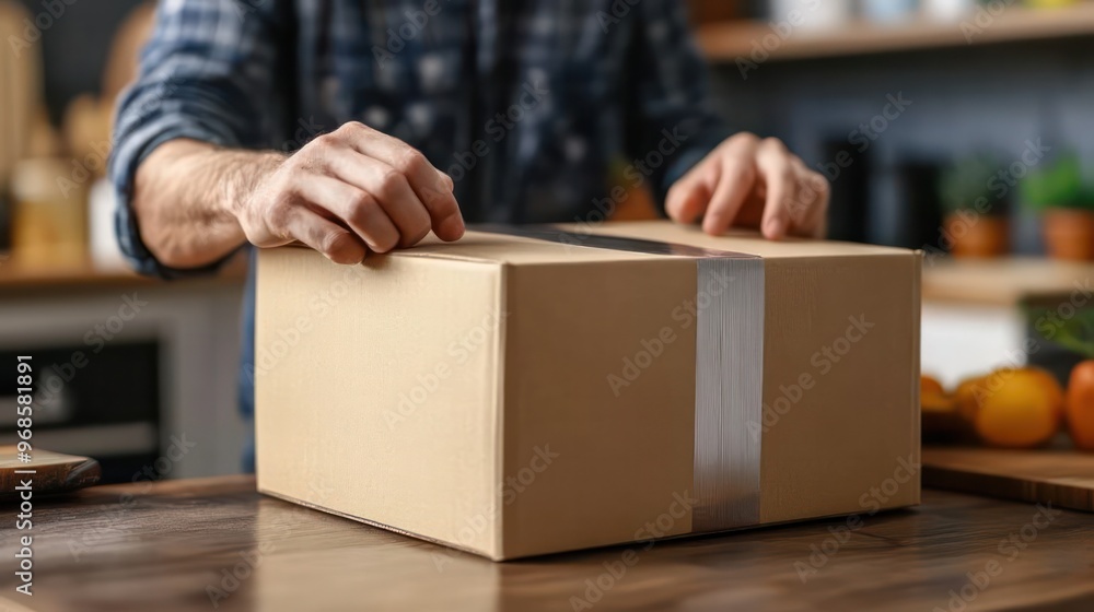Someone tapes a box closed in the kitchen, using a single strip of tape, ensuring a neat and smooth finish while thinking about their new space Someone tapes a box closed in the kitchen, using a single strip of tape, ensuring a neat and smooth finish while thinking about their new space