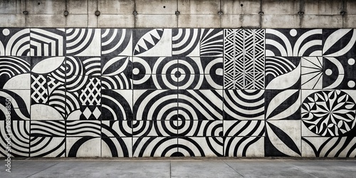 Abstract black and white paint splatters create an asymmetrical pattern on a cement wall representing modern art and creativity, abstract, splatters, asymmetrical, pattern