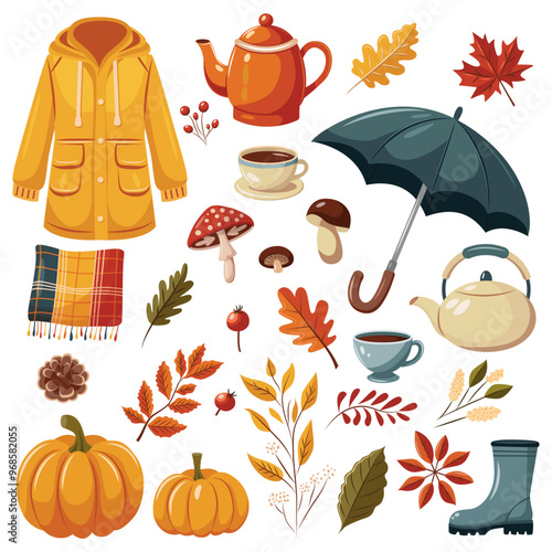 A collection of autumn items including a yellow jacket, umbrella, tea set, mushrooms and leaves. Vector autumn clipart.