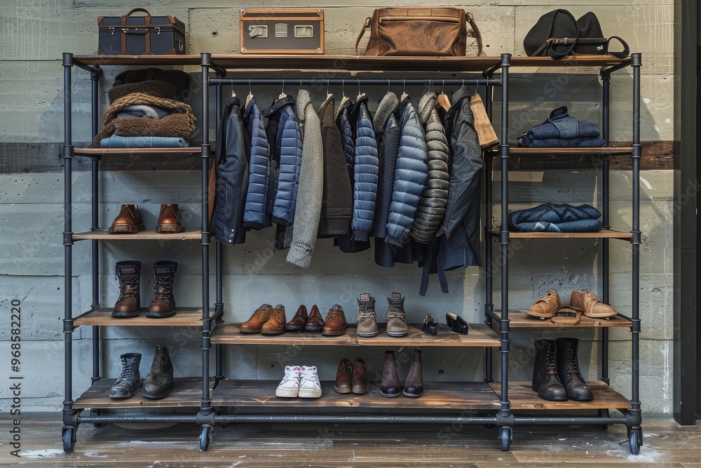 Large tall rack with wooden shelves for shoes and accessories, featuring a metal frame, industrial design, and open wardrobe spaces, with an empty wall for mockups. Large tall rack with wooden shelves for shoes and accessories, featuring a metal frame, industrial design, and open wardrobe spaces, with an empty wall for mockups.