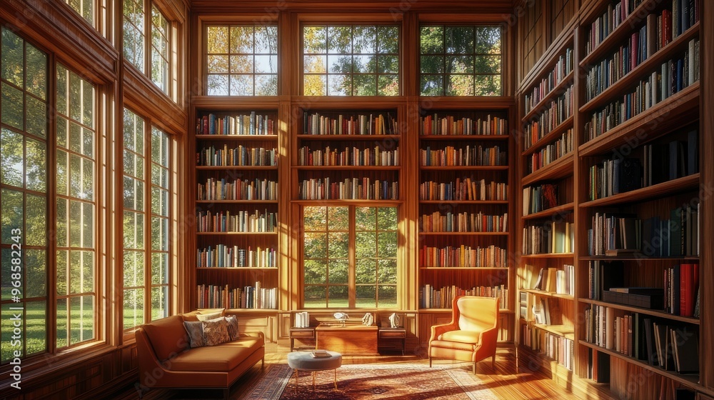 Tall wooden bookshelves filled with colorful books in a cozy home library, featuring comfy seating and natural light from surrounding windows. Tall wooden bookshelves filled with colorful books in a cozy home library, featuring comfy seating and natural light from surrounding windows.