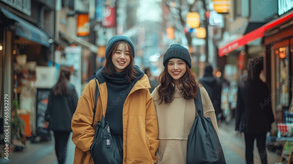 Two friends dressed in stylish outfits as they explore a trendy shopping district in Japan, enjoying a fun day out together. Two friends dressed in stylish outfits as they explore a trendy shopping district in Japan, enjoying a fun day out together.