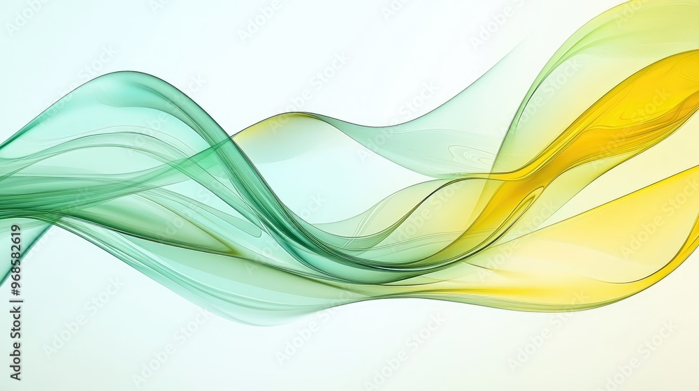Obraz premium Transparent yellow and green waves with smooth curves flowing across a sleek, abstract background, creating a dynamic visual.