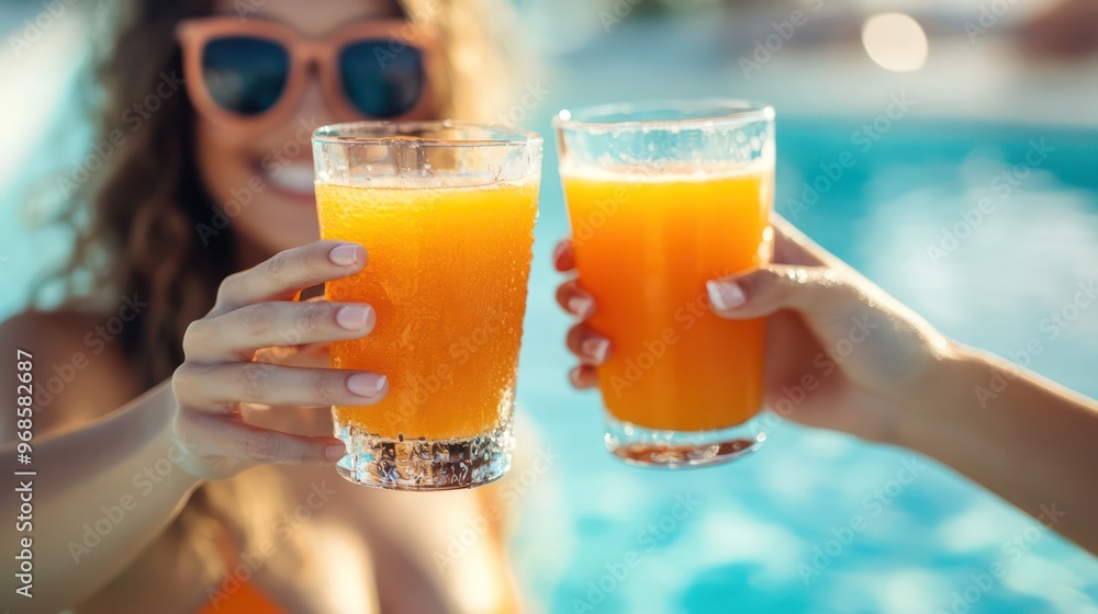 Two friends sitting by a pool, clinking glasses of fruit juice with the full range of products visible in the background, showing variety and delight Two friends sitting by a pool, clinking glasses of fruit juice with the full range of products visible in the background, showing variety and delight