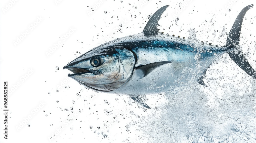 Obraz premium Tuna fish captured mid-jump, with water droplets trailing behind, isolated on a white background for a striking visual.