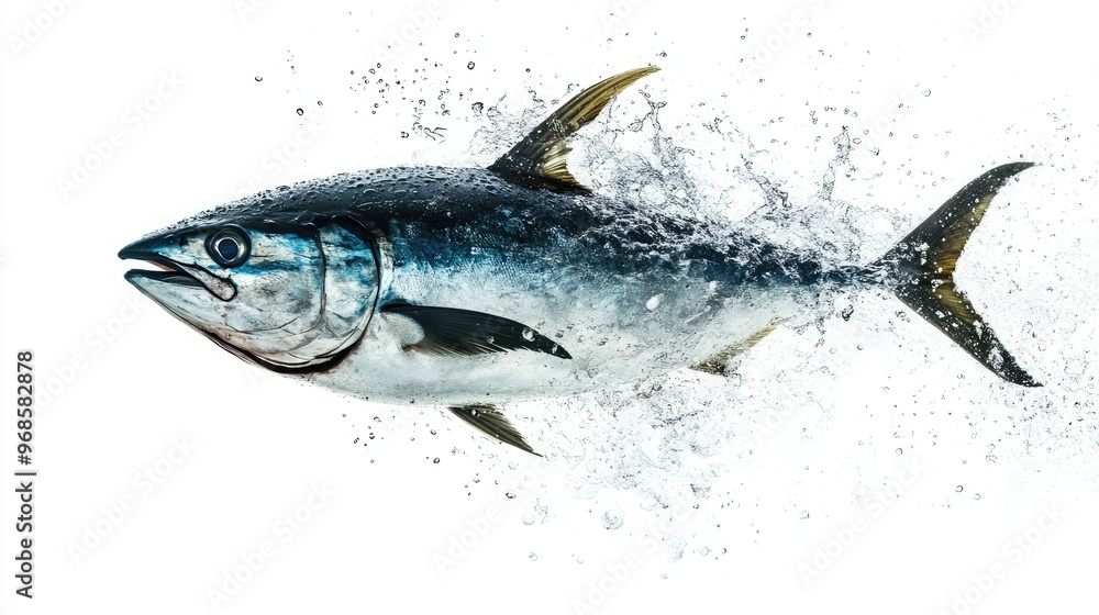 Obraz premium Tuna fish mid-leap, suspended in motion with water droplets around it, isolated on a pristine white backdrop.