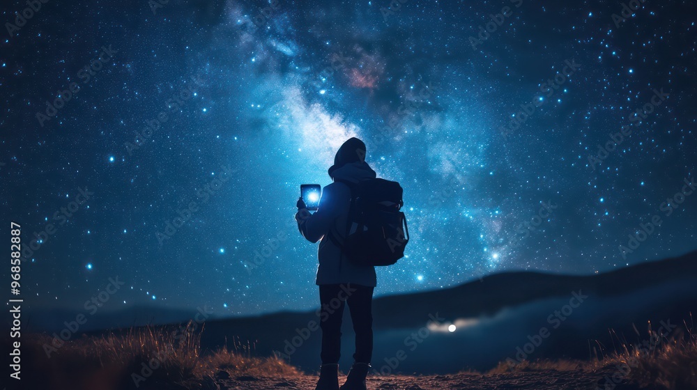 Obraz premium Under the starry sky Travelers use their phones with travel kits. To capture the perfect shot of the Milky Way far from the city lights.