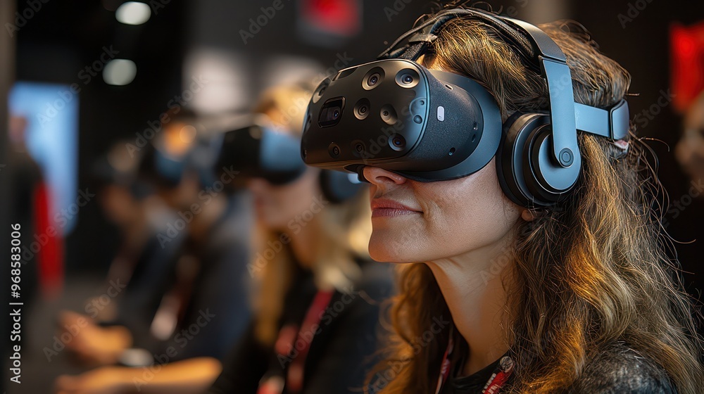 Virtual reality networking event, where participants interact in an immersive digital environment wearing VR headsets Virtual reality networking event, where participants interact in an immersive digital environment wearing VR headsets