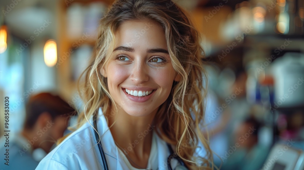 A young female doctor smiles warmly while looking away from the camera. She wears a white coat and stethoscope, and is in a cafe or restaurant setting. A young female doctor smiles warmly while looking away from the camera. She wears a white coat and stethoscope, and is in a cafe or restaurant setting.