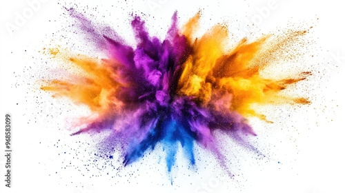 Vibrant explosion of Holi powder in yellow, purple, orange, and blue, creating a burst of vivid color on a white background.