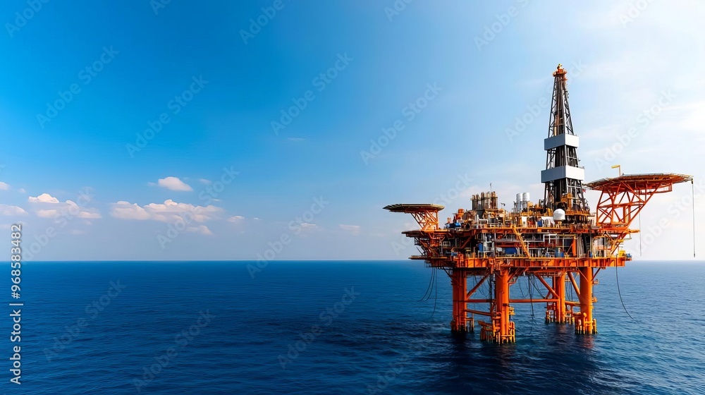 Oil rig machinery set against the ocean, offshore drilling equipment, complex industrial structures, deep blue waters, orange safety tones, vast scale, heavy engineering Oil rig machinery set against the ocean, offshore drilling equipment, complex industrial structures, deep blue waters, orange safety tones, vast scale, heavy engineering