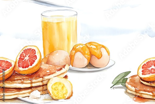 A delicious breakfast with pancakes, oranges, boiled eggs, and a glass of orange juice. photo