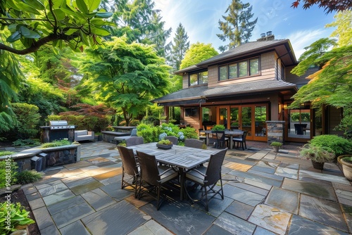 Large backyard in Seattle with a patio area, outdoor dining table, grill, stone floor, green trees, and wooden fence, showcasing spring season.