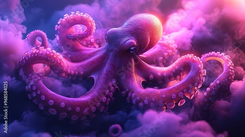 Vibrant pink and purple octopus underwater. Stunning digital art showcasing marine life. Ideal for creative projects, fantasy themes, and aquatic design concepts. photo