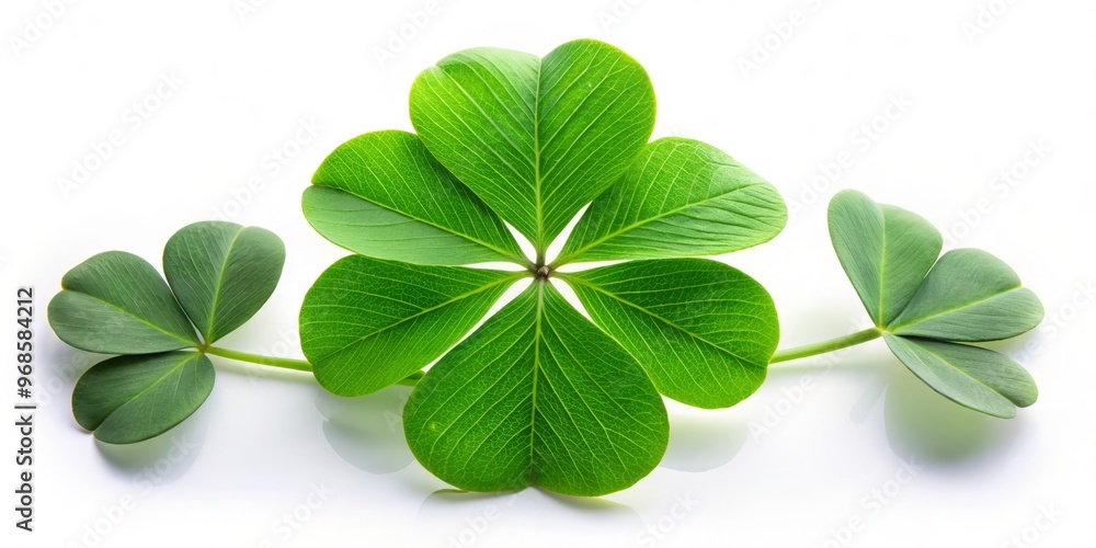 A rare treasure found, a clover with three vibrant green leaves and one pure white leaf, set against A rare treasure found, a clover with three vibrant green leaves and one pure white leaf, set against