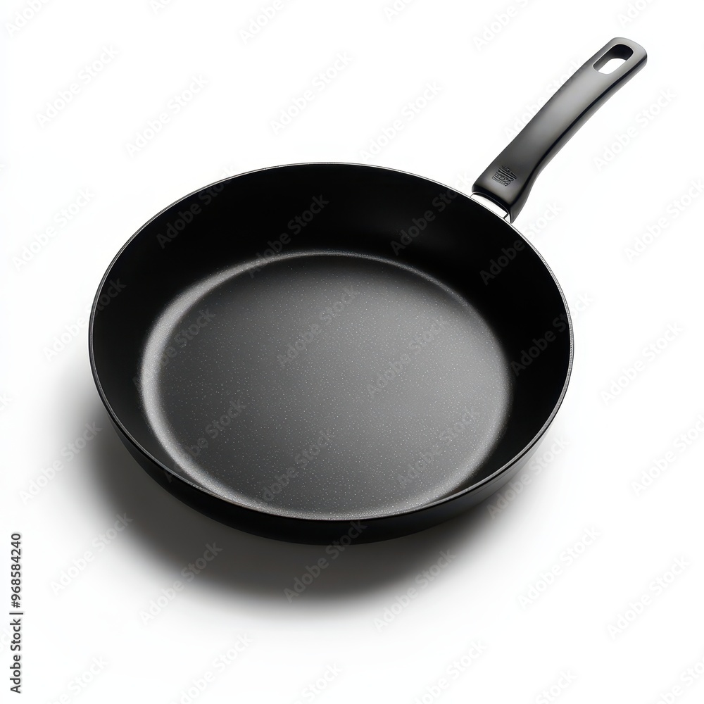 A black frying pan with a handle, designed for cooking various dishes. A black frying pan with a handle, designed for cooking various dishes.
