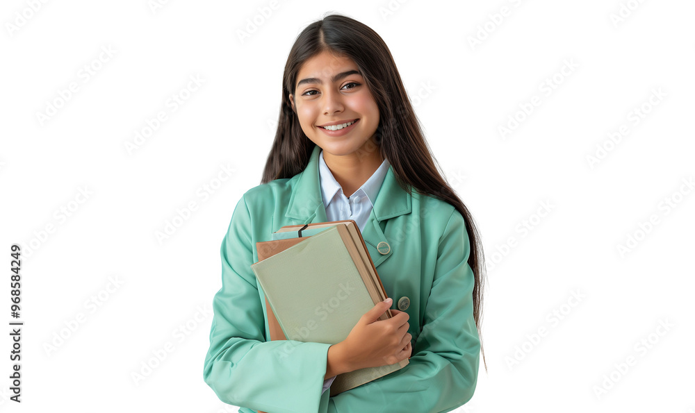 Portrait of a smiling young female college student holding a book, isolated on transparent background Portrait of a smiling young female college student holding a book, isolated on transparent background