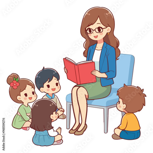 Teacher reading a book to children. 