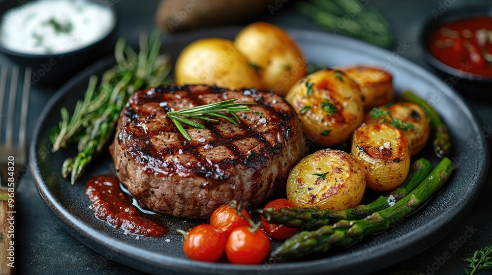 Grilled sirloin steak served with roasted potatoes and asparagus Grilled sirloin steak served with roasted potatoes and asparagus