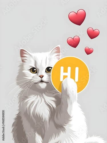 Purrfect Greetings! : A fluffy white cat holds a yellow circle with the word 