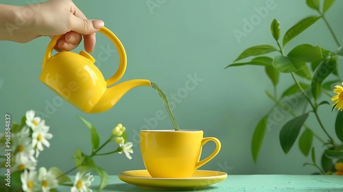 Womans hand pour tea from yellow jug in a cup minimalist on a green table hot healthy drink mint tea in a yellow colored cup photo