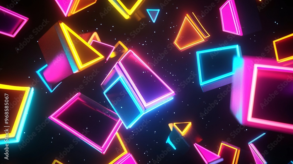 Obraz premium A 3D render of geometric shapes hovering in space, illuminated by neon hues on a dark backdrop
