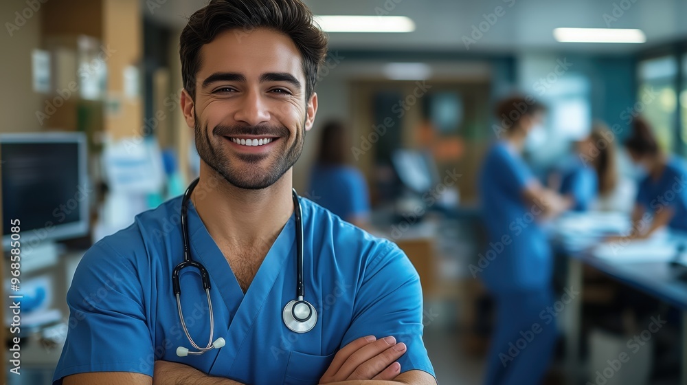 Smiling Doctor in Hospital with Stethoscope. Smiling doctor with a stethoscope stands confidently in a hospital setting, ready to provide healthcare services to patients. Smiling Doctor in Hospital with Stethoscope. Smiling doctor with a stethoscope stands confidently in a hospital setting, ready to provide healthcare services to patients.