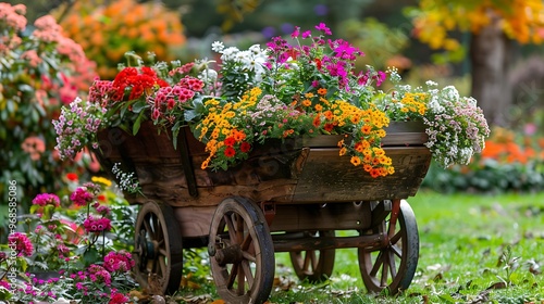 Fototapeta Naklejka Na Ścianę i Meble -  Wooden cart with flowers in landscape design close up colorful flowers in baskets landscape design in country style for gardens and parks