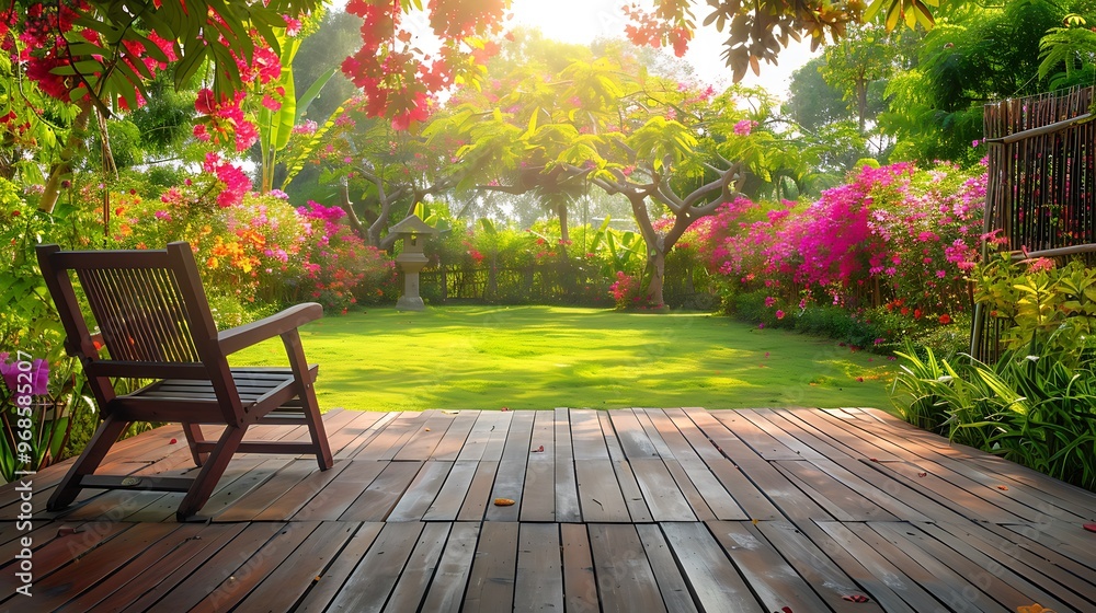 Obraz premium Wooden chairs on the plank terrace in the luxury colorful backyard garden with green lawn vareity color of flowers and red wood fence with morning sunlight