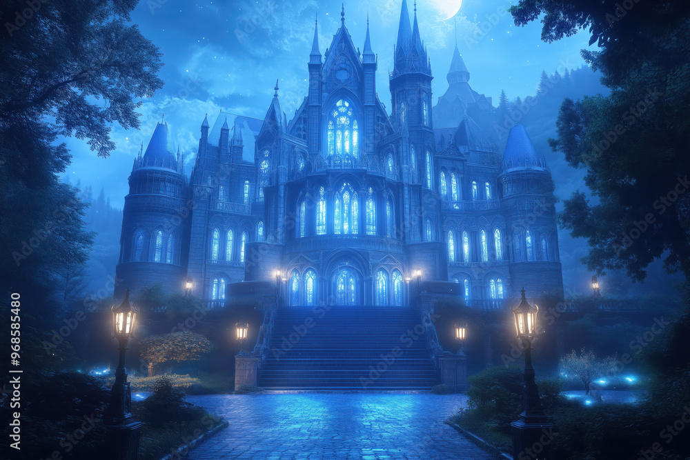 Obraz premium An enchanted Gothic castle glows under the moonlight, its tall spires and grand staircase creating a magical atmosphere. The illuminated windows and surrounding mist evoke a sense of mystery 